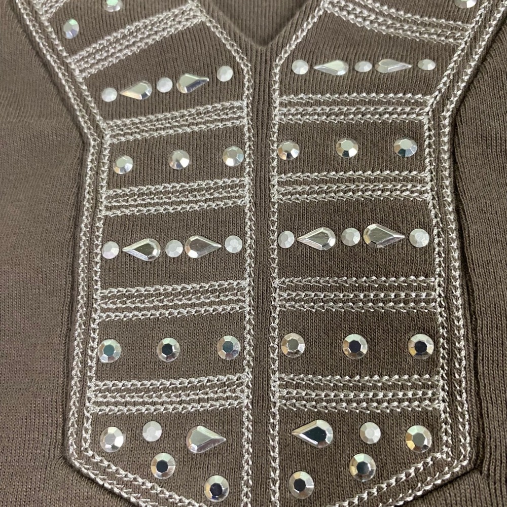 Karen Scott Womens XL Taupe Brown Cotton Rhinestone Split Neck Short Sleeve Top - Picture 3 of 8